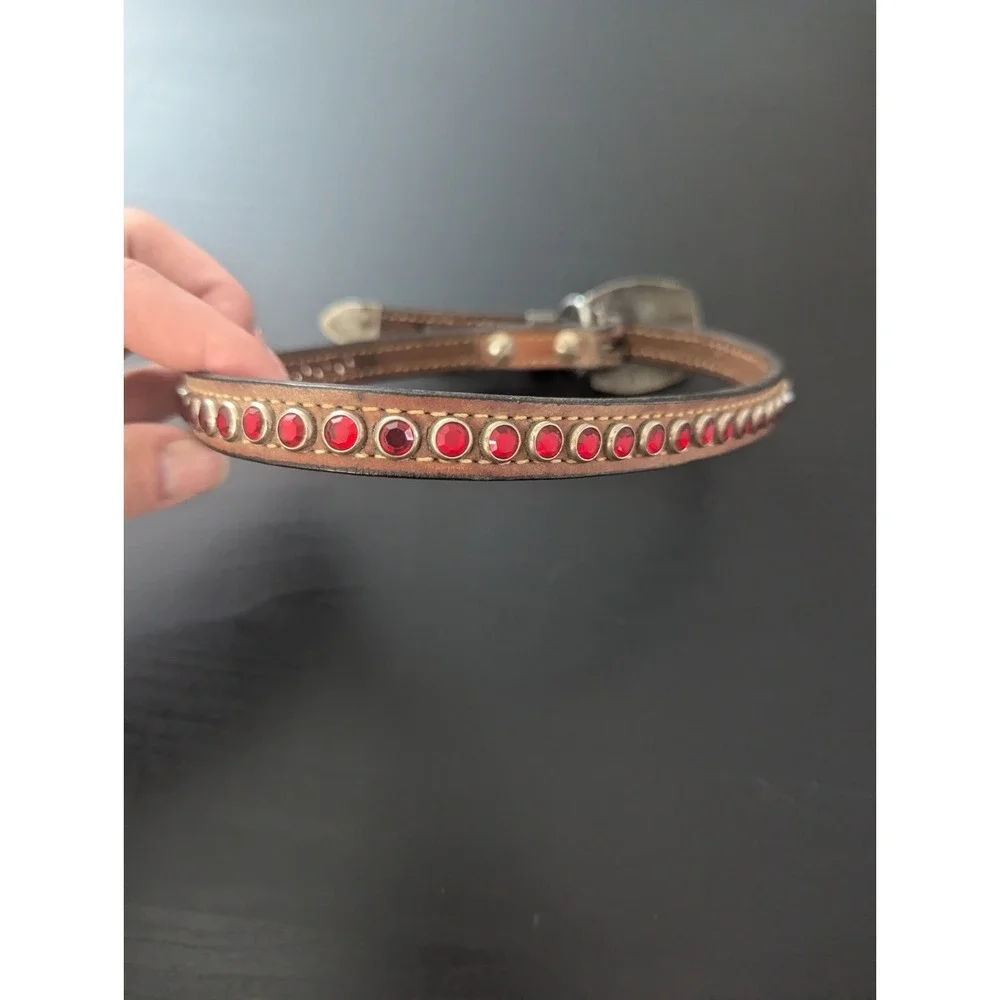 Dog Collar Brown Leather Silver Plate With Red And Blue Stone Inlay Buckle Bling